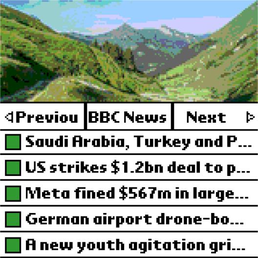 Colour list view: photograph, feed name, and the top five headlines.